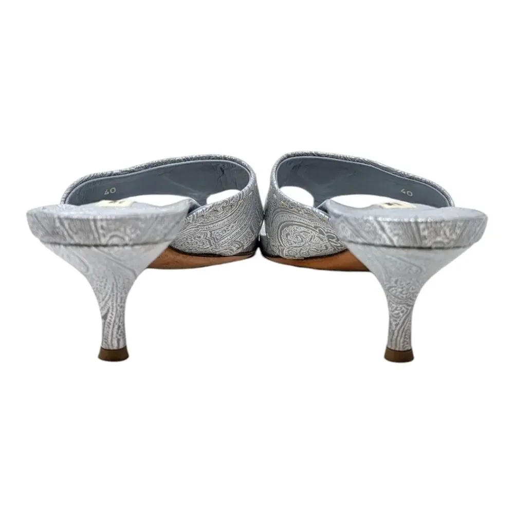 Vintage Prada Logo Kitten Heel Flip Flops Square Toe Sandal Mule Silver Blue 40